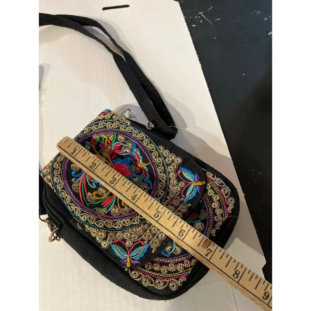 Women Black Canvas Embroidered Floral Crossbody Bag Boho Festival Small Purse